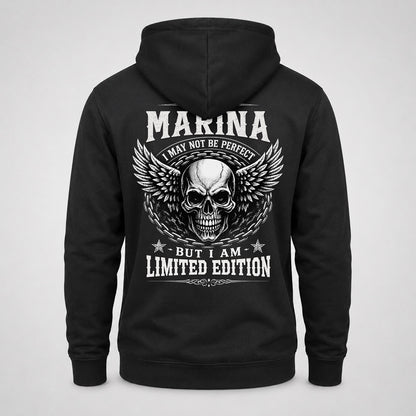 MARINA P01-K24-229 – Personalized Skull Graphic Apparel “I Am NAME I May Not Be Perfect But I Am Limited Edition”