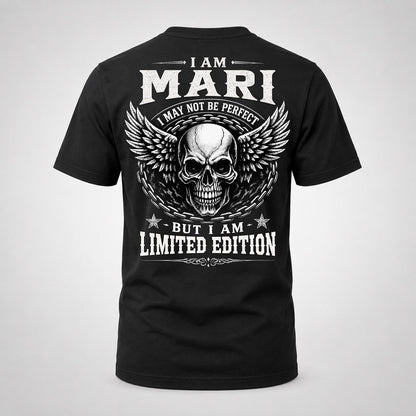 MARI P01-K24-229 – Personalized Skull Graphic Apparel “I Am NAME I May Not Be Perfect But I Am Limited Edition”