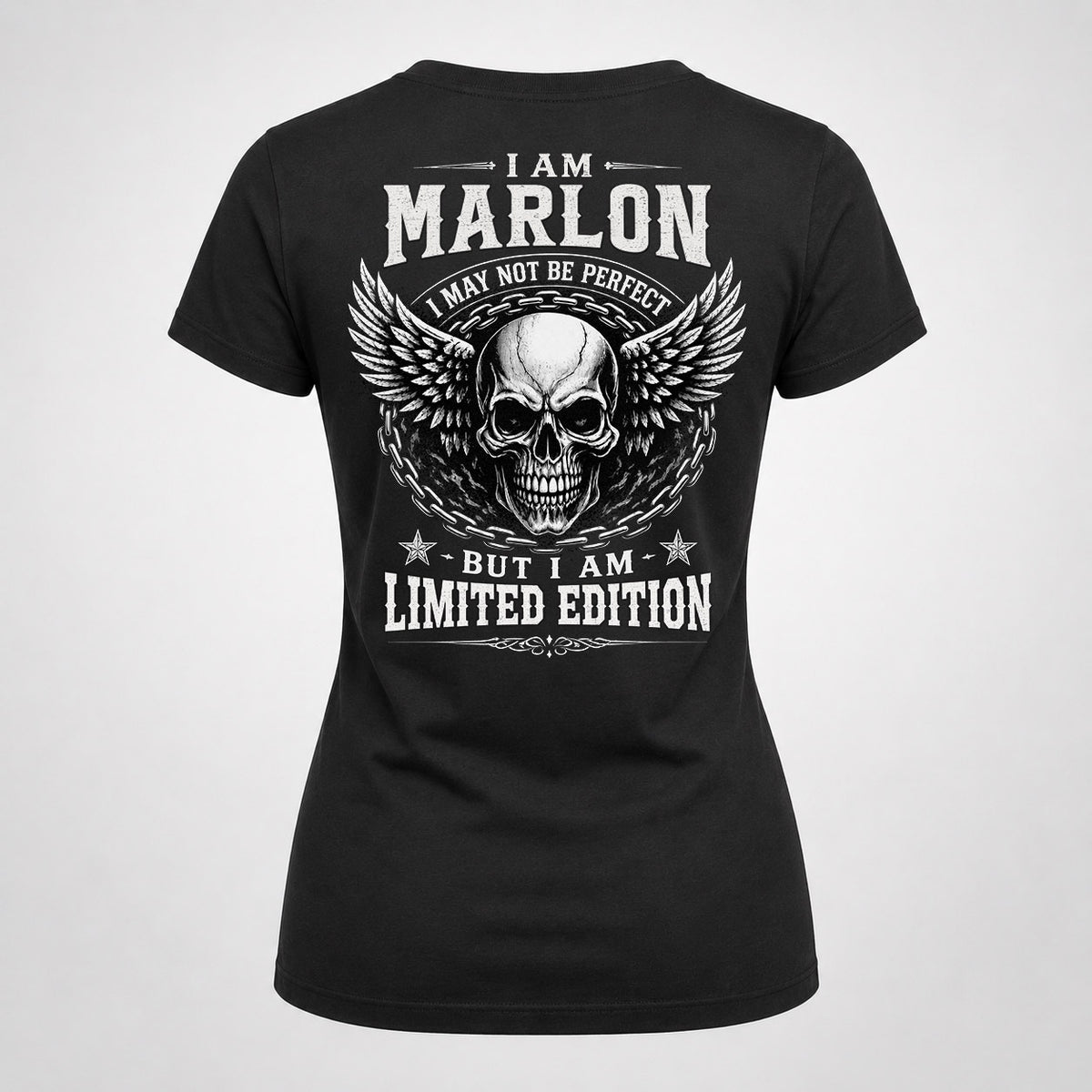 MARLON P01-K24-229 – Personalized Skull Graphic Apparel “I Am NAME I May Not Be Perfect But I Am Limited Edition”