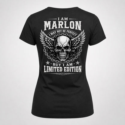 MARLON P01-K24-229 – Personalized Skull Graphic Apparel “I Am NAME I May Not Be Perfect But I Am Limited Edition”