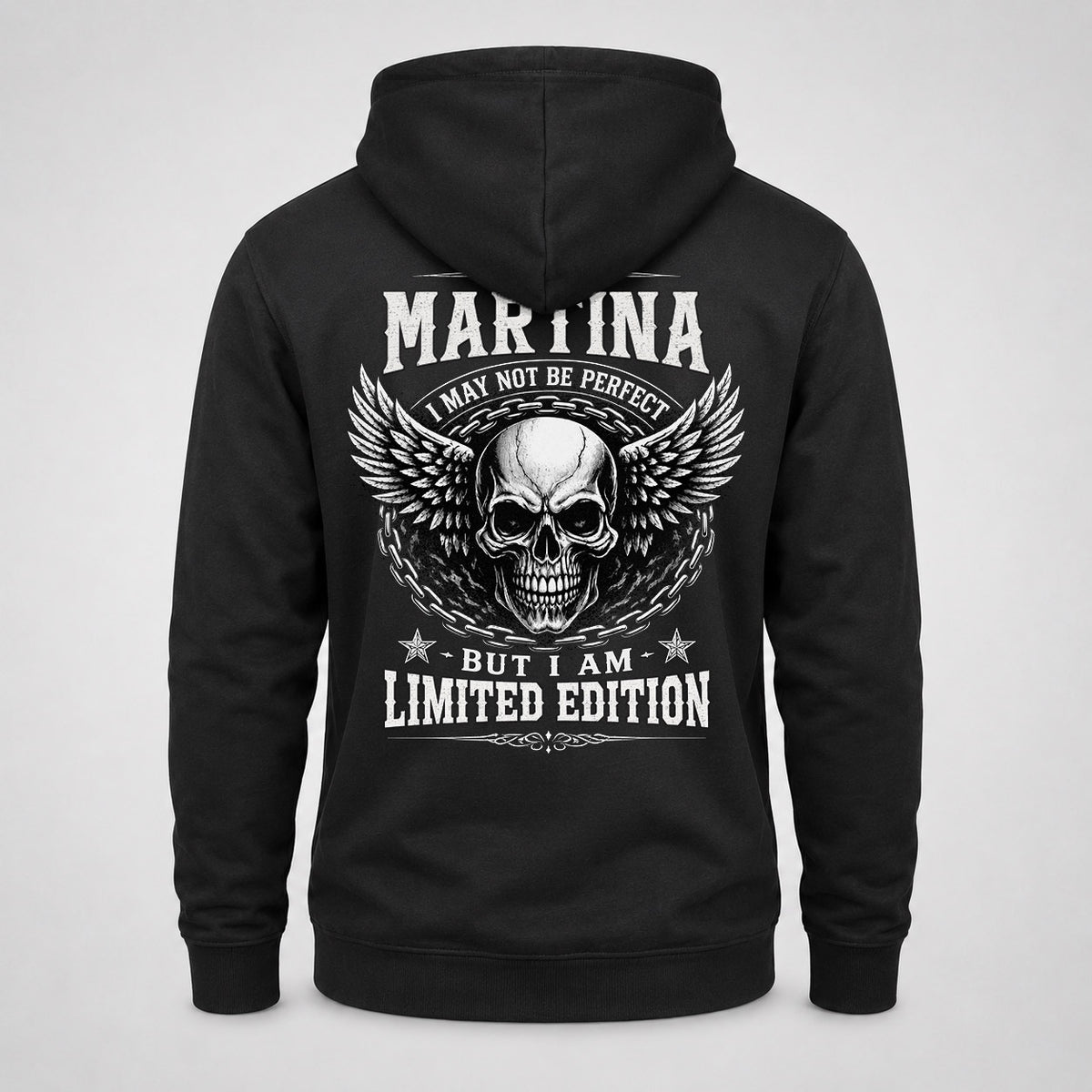 MARTINA P01-K24-229 – Personalized Skull Graphic Apparel “I Am NAME I May Not Be Perfect But I Am Limited Edition”