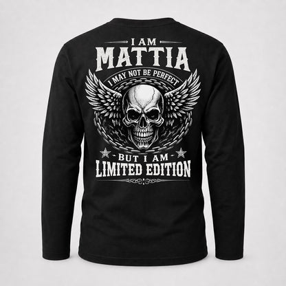 MATTIA P01-K24-229 – Personalized Skull Graphic Apparel “I Am NAME I May Not Be Perfect But I Am Limited Edition”
