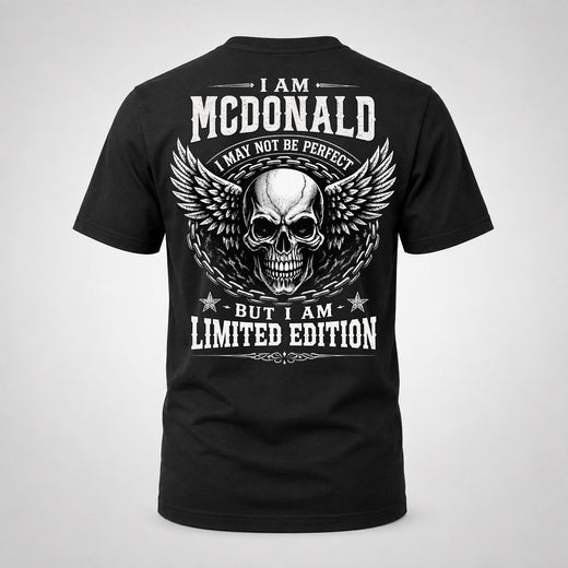 MCDONALD P01-K24-229 – Personalized Skull Graphic Apparel “I Am NAME I May Not Be Perfect But I Am Limited Edition”