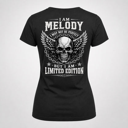 MELODY P01-K24-229 – Personalized Skull Graphic Apparel “I Am NAME I May Not Be Perfect But I Am Limited Edition”