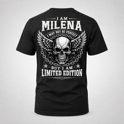 MILENA P01-K24-229 – Personalized Skull Graphic Apparel “I Am NAME I May Not Be Perfect But I Am Limited Edition”