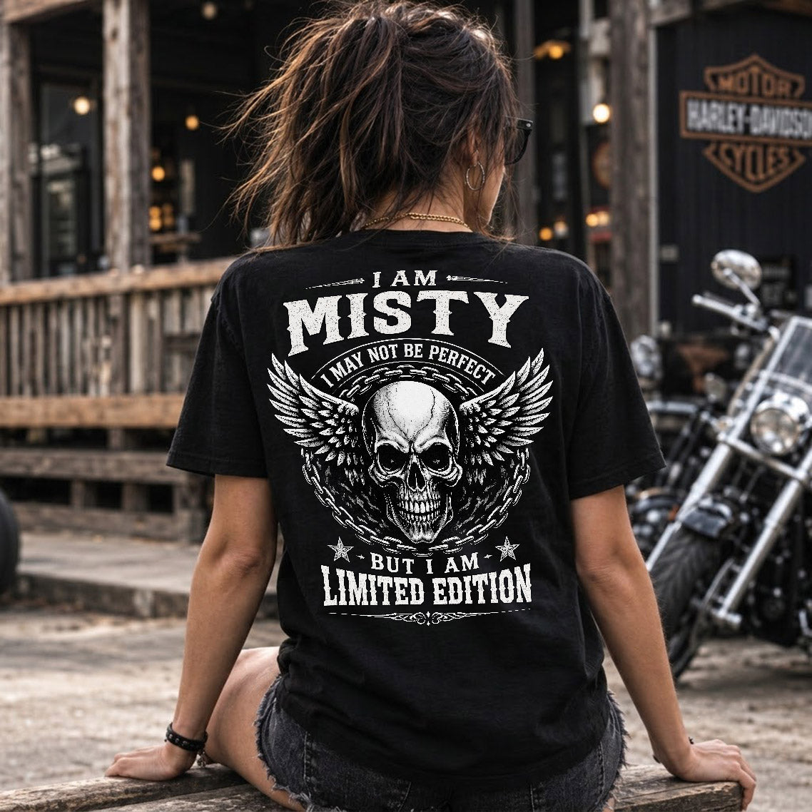 MISTY P01-K24-229 – Personalized Skull Graphic Apparel “I Am NAME I May Not Be Perfect But I Am Limited Edition”