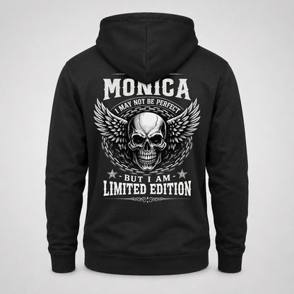 MONICA P01-K24-229 – Personalized Skull Graphic Apparel “I Am NAME I May Not Be Perfect But I Am Limited Edition”