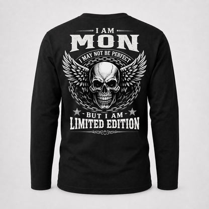 MON P01-K24-229 – Personalized Skull Graphic Apparel “I Am NAME I May Not Be Perfect But I Am Limited Edition”
