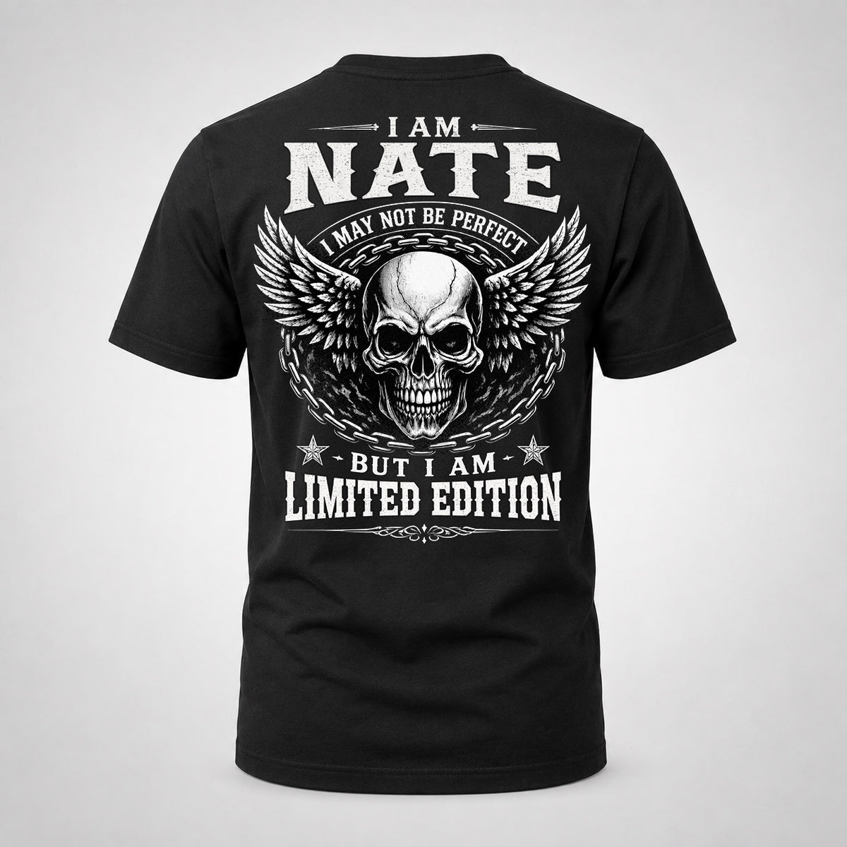 NATE P01-K24-229 – Personalized Skull Graphic Apparel “I Am NAME I May Not Be Perfect But I Am Limited Edition”