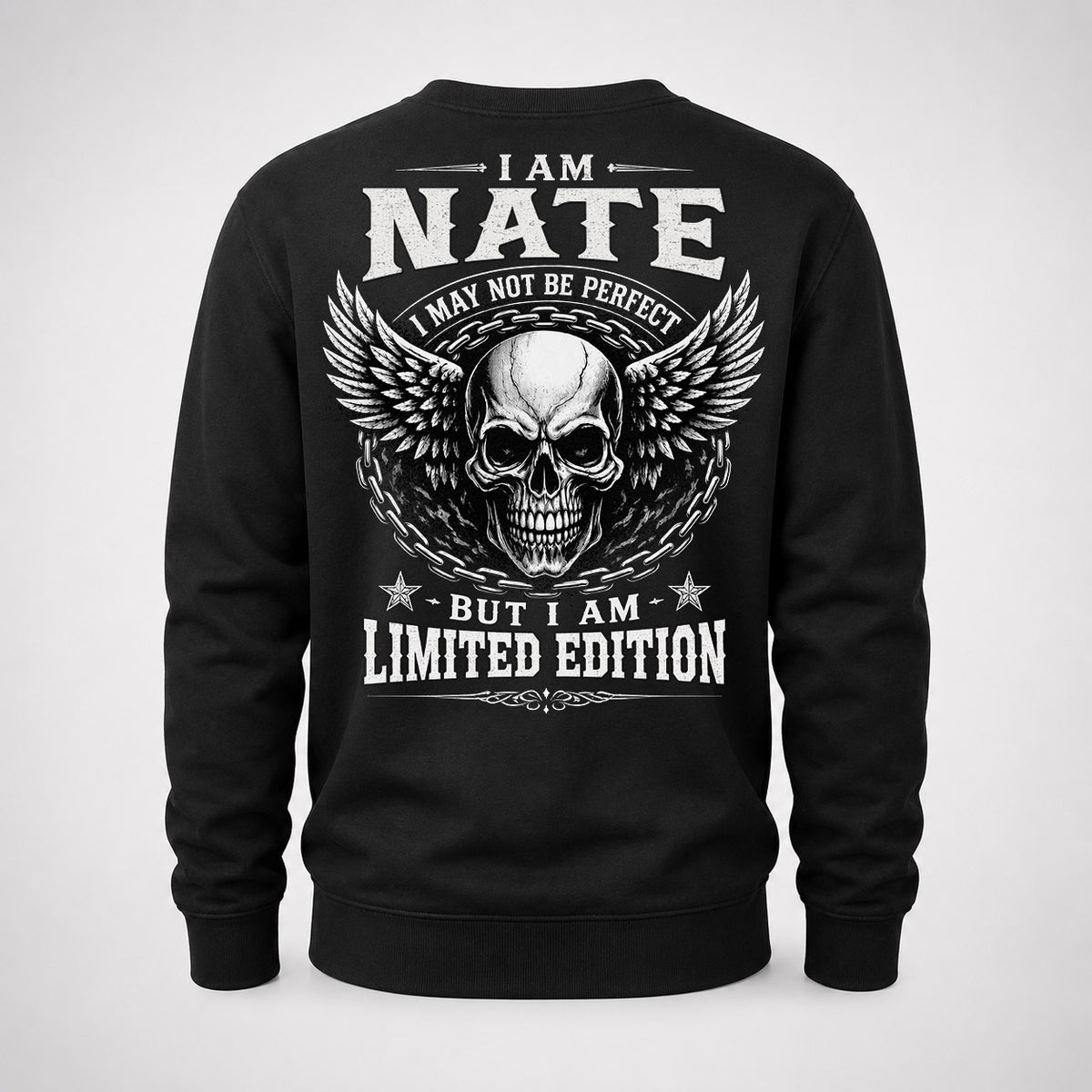NATE P01-K24-229 – Personalized Skull Graphic Apparel “I Am NAME I May Not Be Perfect But I Am Limited Edition”