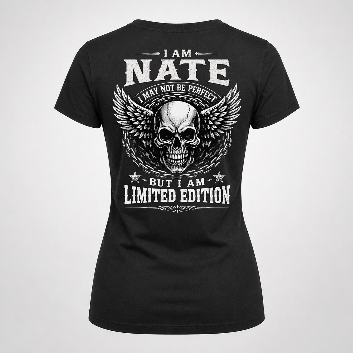 NATE P01-K24-229 – Personalized Skull Graphic Apparel “I Am NAME I May Not Be Perfect But I Am Limited Edition”