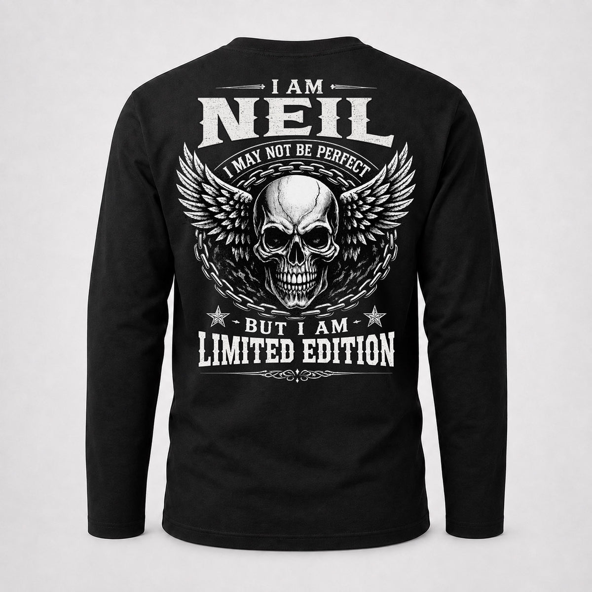 NEIL P01-K24-229 – Personalized Skull Graphic Apparel “I Am NAME I May Not Be Perfect But I Am Limited Edition”