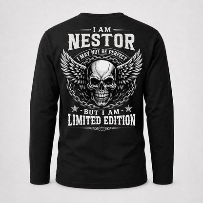 NESTOR P01-K24-229 – Personalized Skull Graphic Apparel “I Am NAME I May Not Be Perfect But I Am Limited Edition”