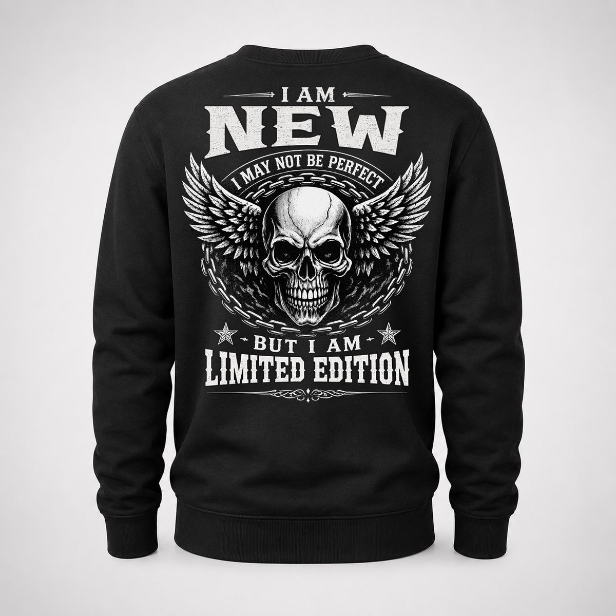 NEW P01-K24-229 – Personalized Skull Graphic Apparel “I Am NAME I May Not Be Perfect But I Am Limited Edition”