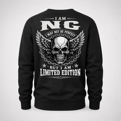 NG P01-K24-229 – Personalized Skull Graphic Apparel “I Am NAME I May Not Be Perfect But I Am Limited Edition”