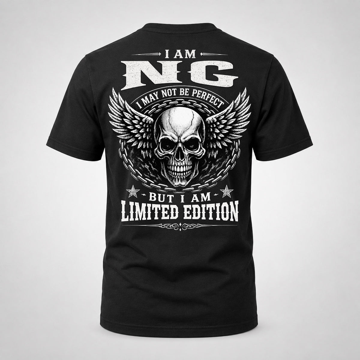 NG P01-K24-229 – Personalized Skull Graphic Apparel “I Am NAME I May Not Be Perfect But I Am Limited Edition”