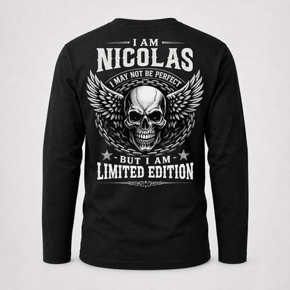 NICOLAS P01-K24-229 – Personalized Skull Graphic Apparel “I Am NAME I May Not Be Perfect But I Am Limited Edition”