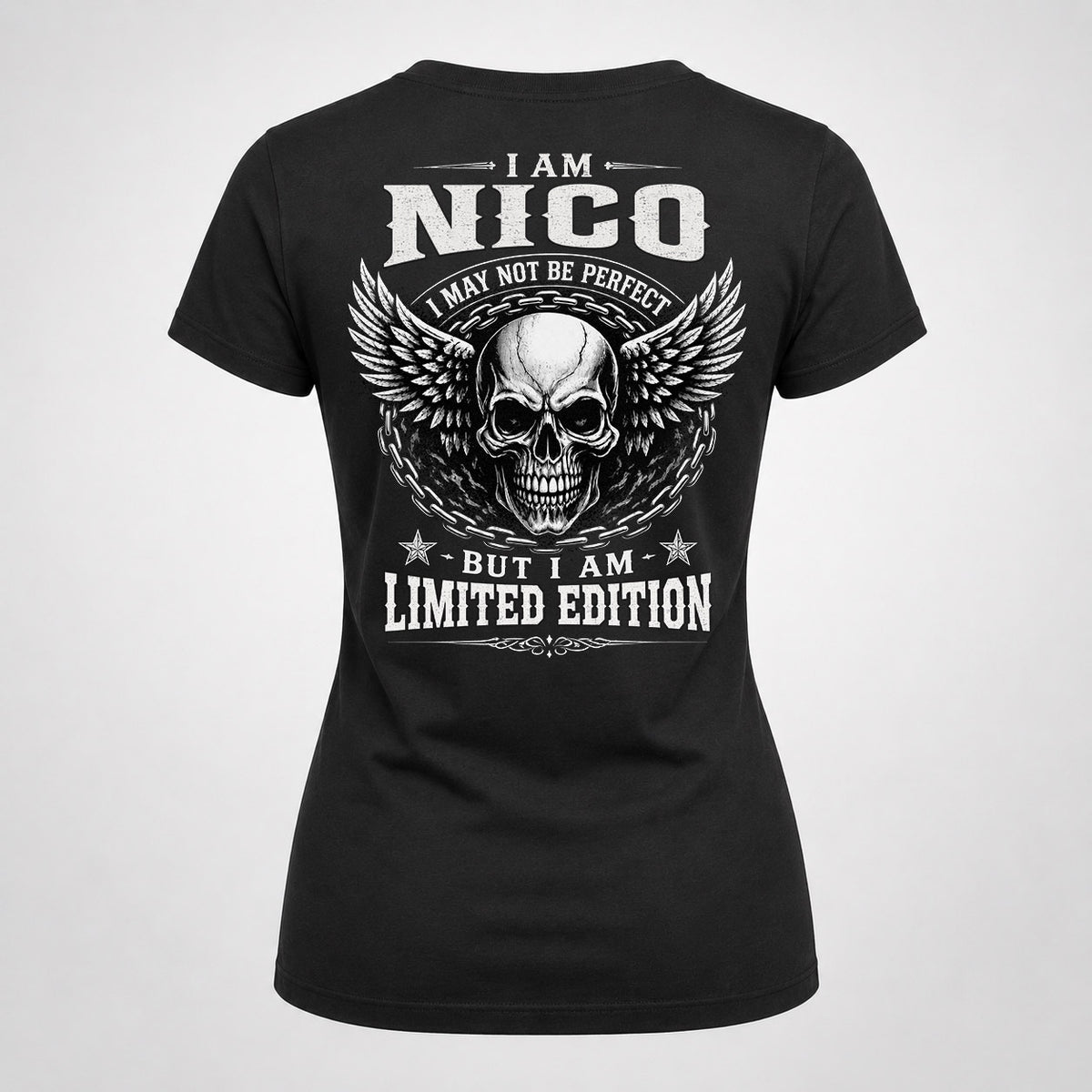 NICO P01-K24-229 – Personalized Skull Graphic Apparel “I Am NAME I May Not Be Perfect But I Am Limited Edition”