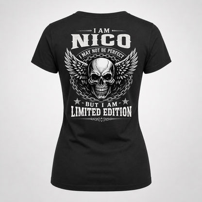 NICO P01-K24-229 – Personalized Skull Graphic Apparel “I Am NAME I May Not Be Perfect But I Am Limited Edition”