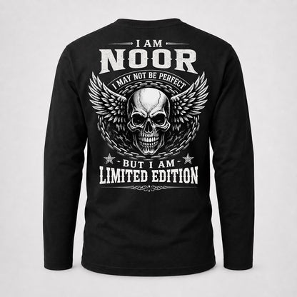 NOOR P01-K24-229 – Personalized Skull Graphic Apparel “I Am NAME I May Not Be Perfect But I Am Limited Edition”