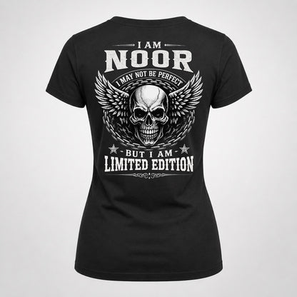 NOOR P01-K24-229 – Personalized Skull Graphic Apparel “I Am NAME I May Not Be Perfect But I Am Limited Edition”