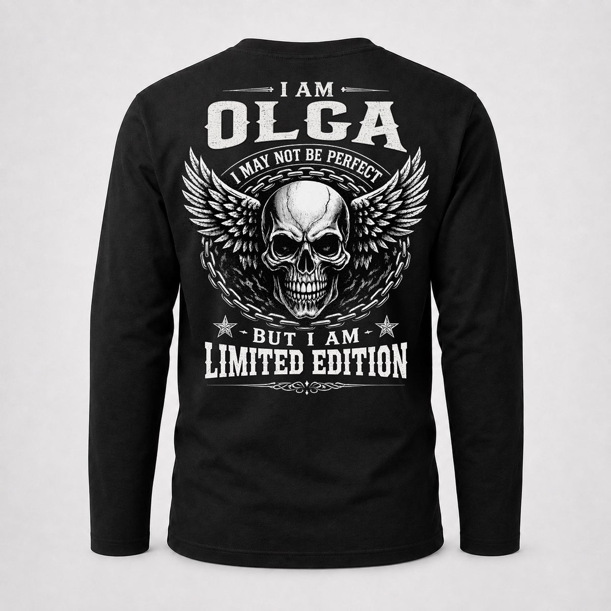 OLGA P01-K24-229 – Personalized Skull Graphic Apparel “I Am NAME I May Not Be Perfect But I Am Limited Edition”
