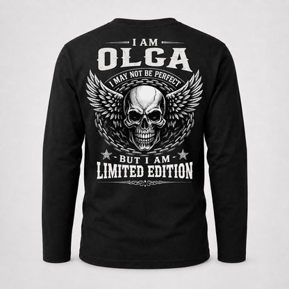 OLGA P01-K24-229 – Personalized Skull Graphic Apparel “I Am NAME I May Not Be Perfect But I Am Limited Edition”
