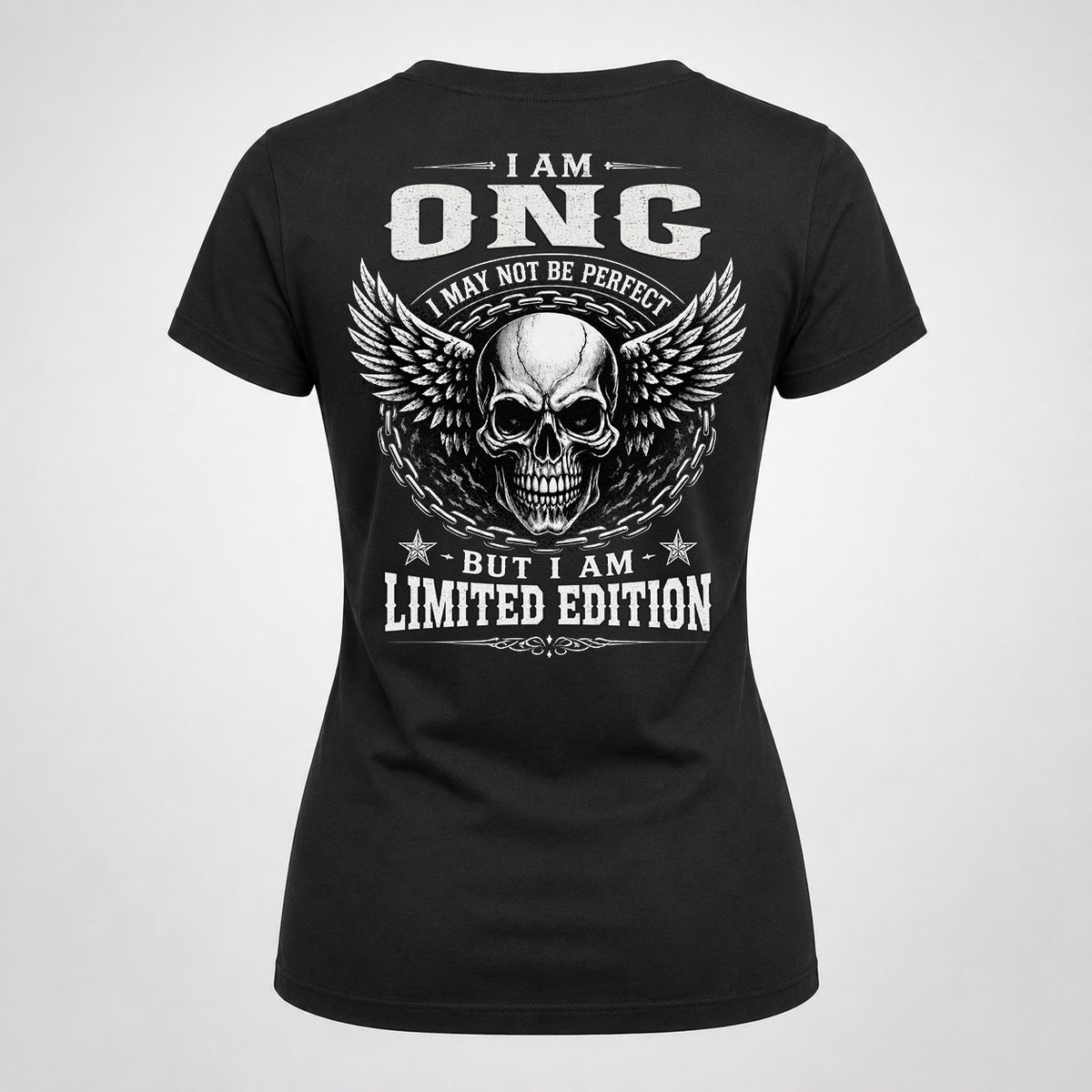 ONG P01-K24-229 – Personalized Skull Graphic Apparel “I Am NAME I May Not Be Perfect But I Am Limited Edition”
