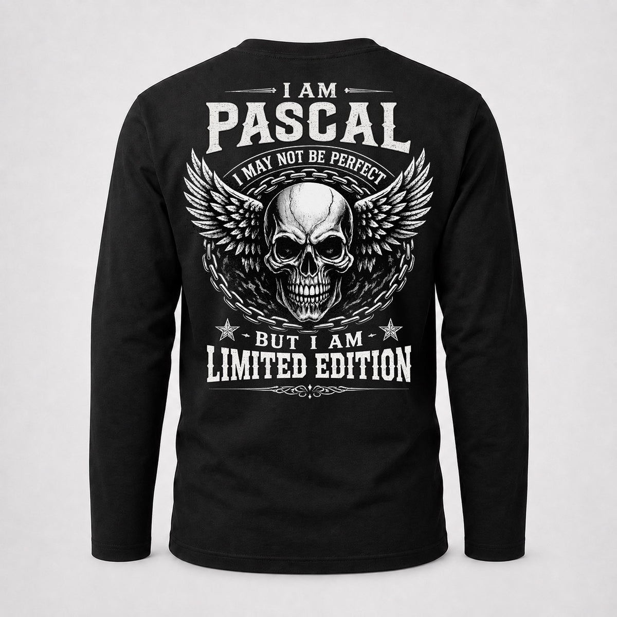PASCAL P01-K24-229 – Personalized Skull Graphic Apparel “I Am NAME I May Not Be Perfect But I Am Limited Edition”