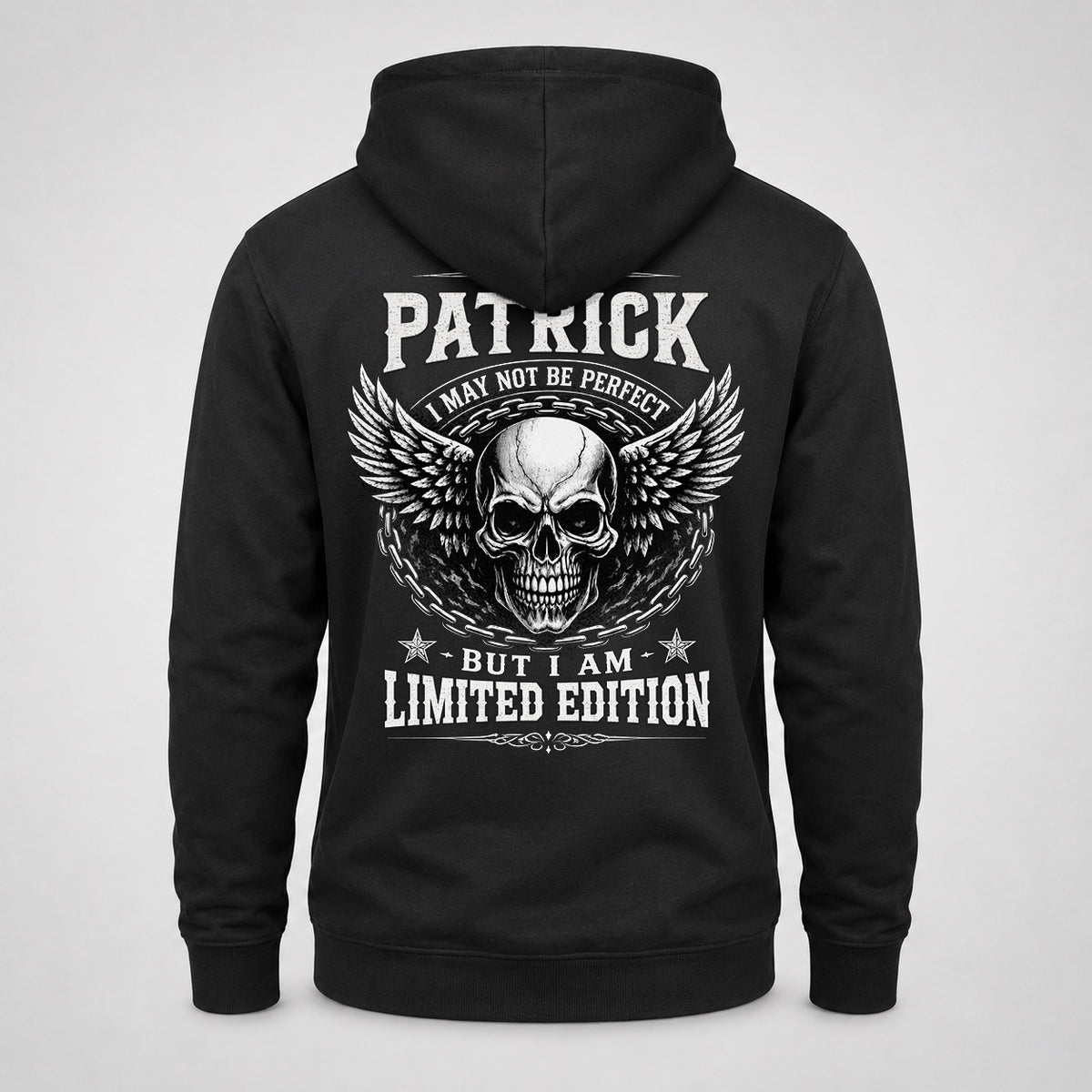 PATRICK P01-K24-229 – Personalized Skull Graphic Apparel “I Am NAME I May Not Be Perfect But I Am Limited Edition”