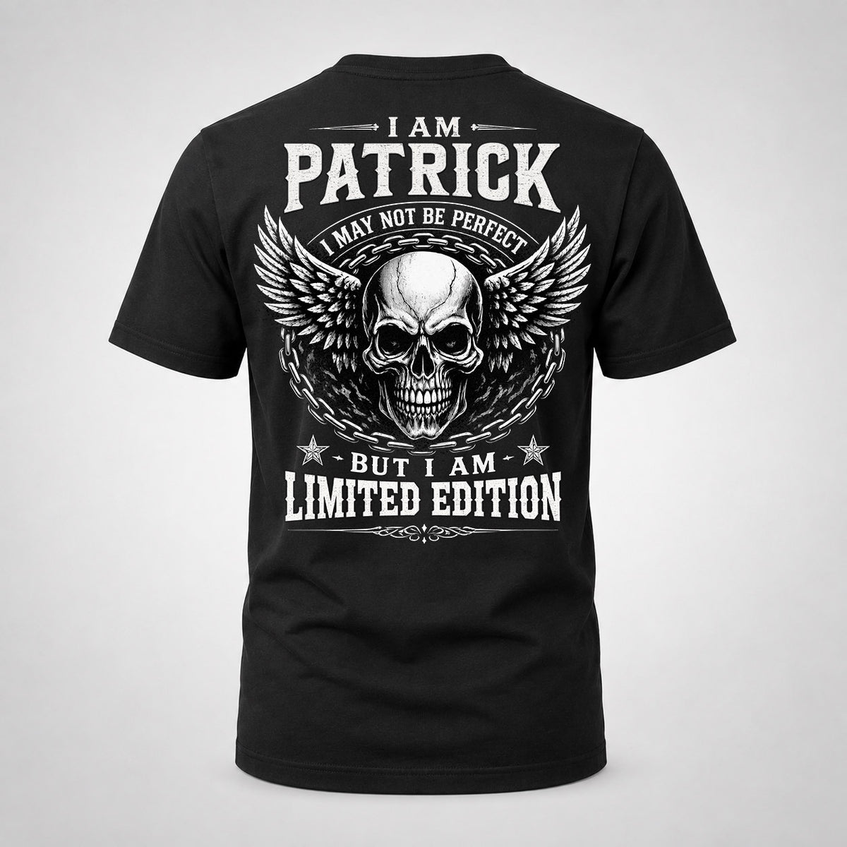 PATRICK P01-K24-229 – Personalized Skull Graphic Apparel “I Am NAME I May Not Be Perfect But I Am Limited Edition”