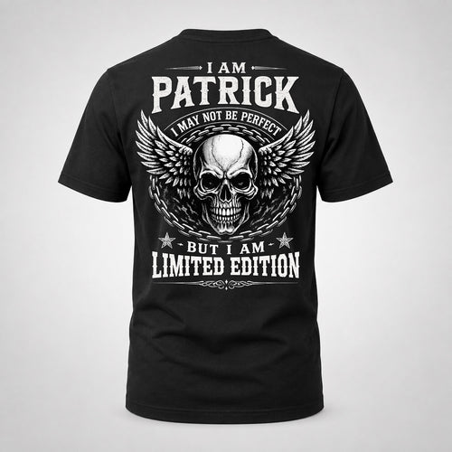 PATRICK P01-K24-229 – Personalized Skull Graphic Apparel “I Am NAME I May Not Be Perfect But I Am Limited Edition”