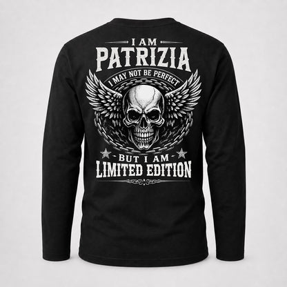 PATRIZIA P01-K24-229 – Personalized Skull Graphic Apparel “I Am NAME I May Not Be Perfect But I Am Limited Edition”