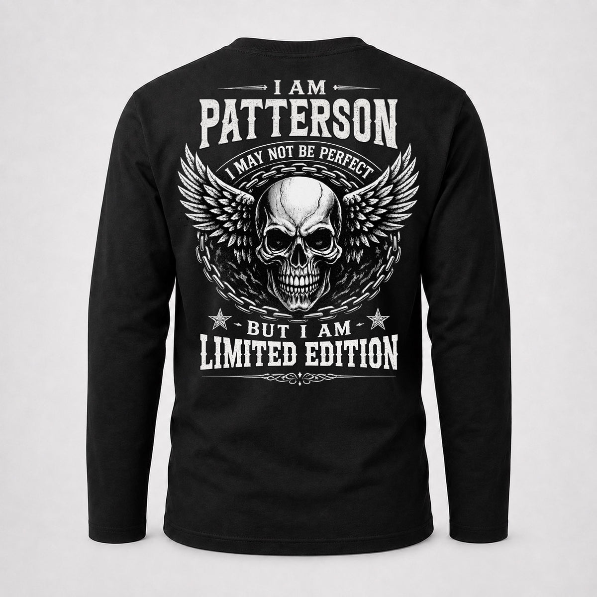 PATTERSON P01-K24-229 – Personalized Skull Graphic Apparel “I Am NAME I May Not Be Perfect But I Am Limited Edition”