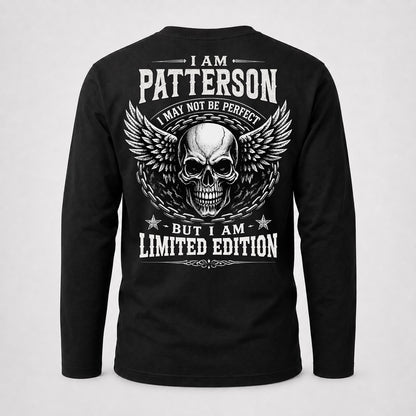 PATTERSON P01-K24-229 – Personalized Skull Graphic Apparel “I Am NAME I May Not Be Perfect But I Am Limited Edition”