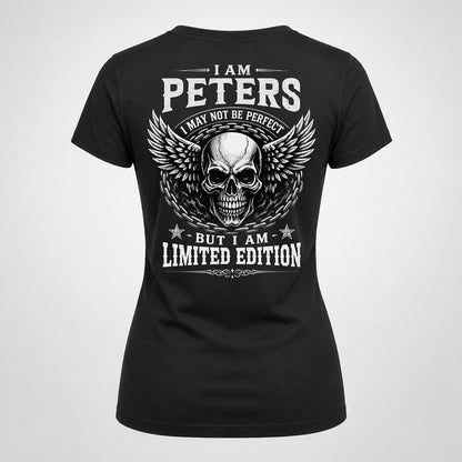 PETERS P01-K24-229 – Personalized Skull Graphic Apparel “I Am NAME I May Not Be Perfect But I Am Limited Edition”