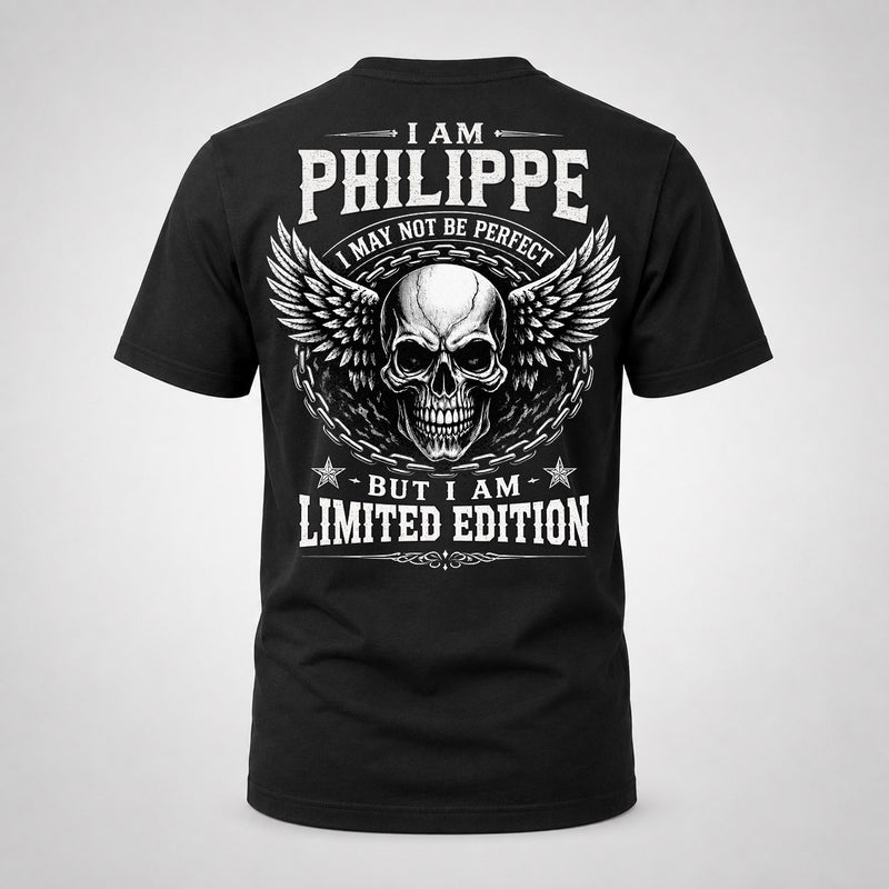 PHILIPPE P01-K24-229 – Personalized Skull Graphic Apparel “I Am NAME I May Not Be Perfect But I Am Limited Edition”