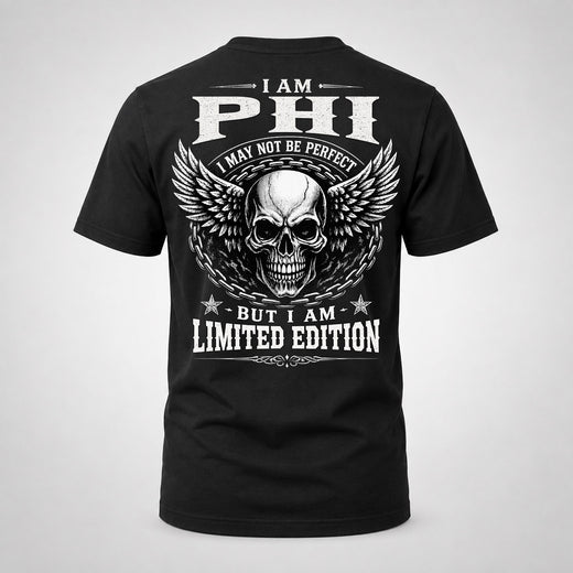 PHI P01-K24-229 – Personalized Skull Graphic Apparel “I Am NAME I May Not Be Perfect But I Am Limited Edition”