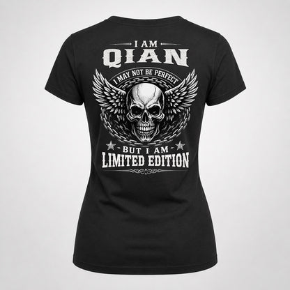 QIAN P01-K24-229 – Personalized Skull Graphic Apparel “I Am NAME I May Not Be Perfect But I Am Limited Edition”
