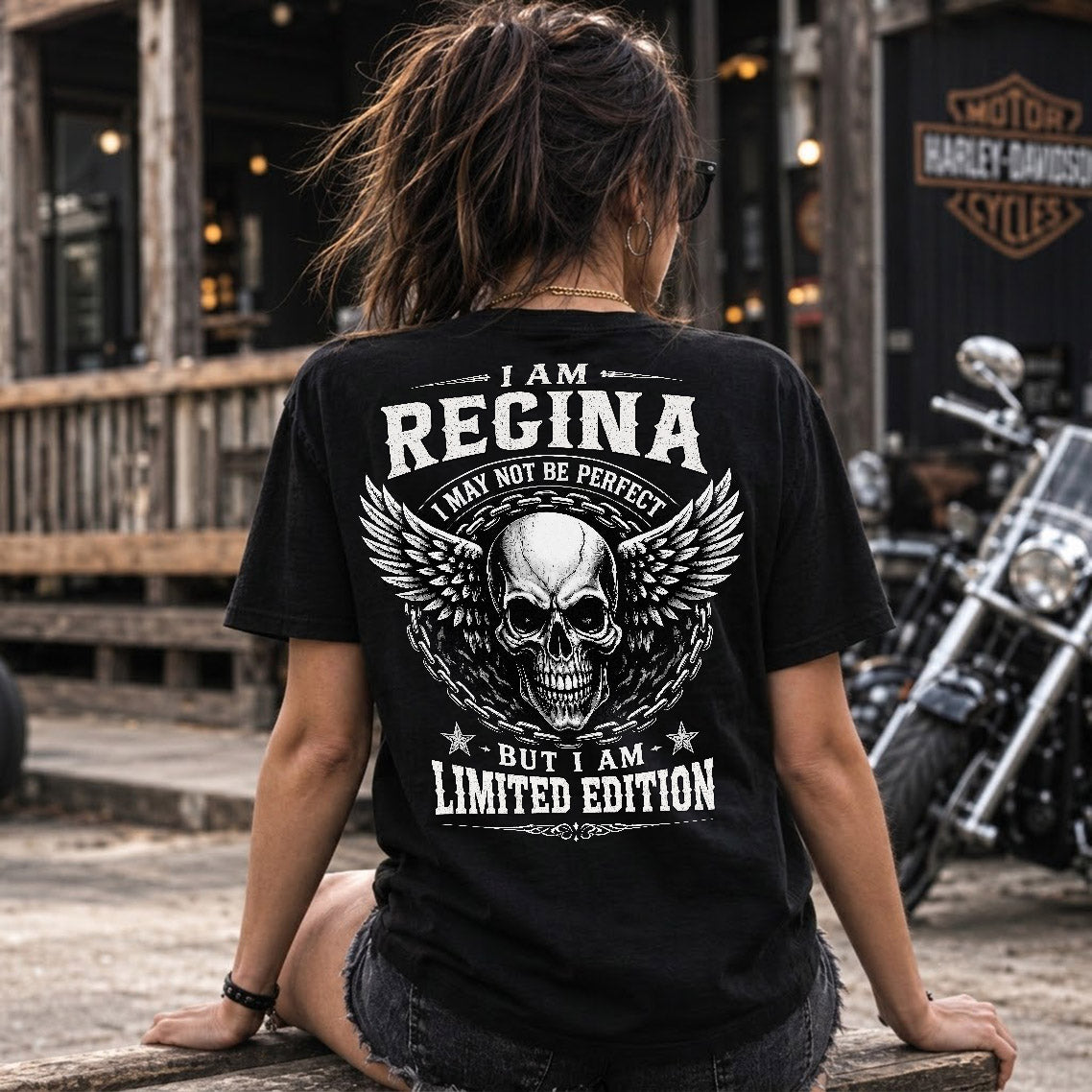 REGINA P01-K24-229 – Personalized Skull Graphic Apparel “I Am NAME I May Not Be Perfect But I Am Limited Edition”