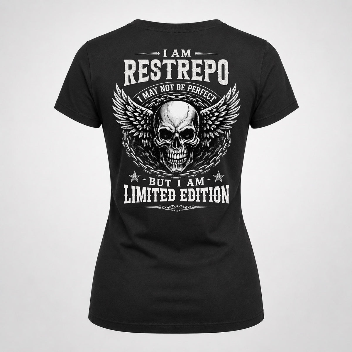 RESTREPO P01-K24-229 – Personalized Skull Graphic Apparel “I Am NAME I May Not Be Perfect But I Am Limited Edition”