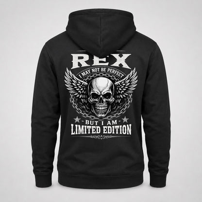 REX P01-K24-229 – Personalized Skull Graphic Apparel “I Am NAME I May Not Be Perfect But I Am Limited Edition”