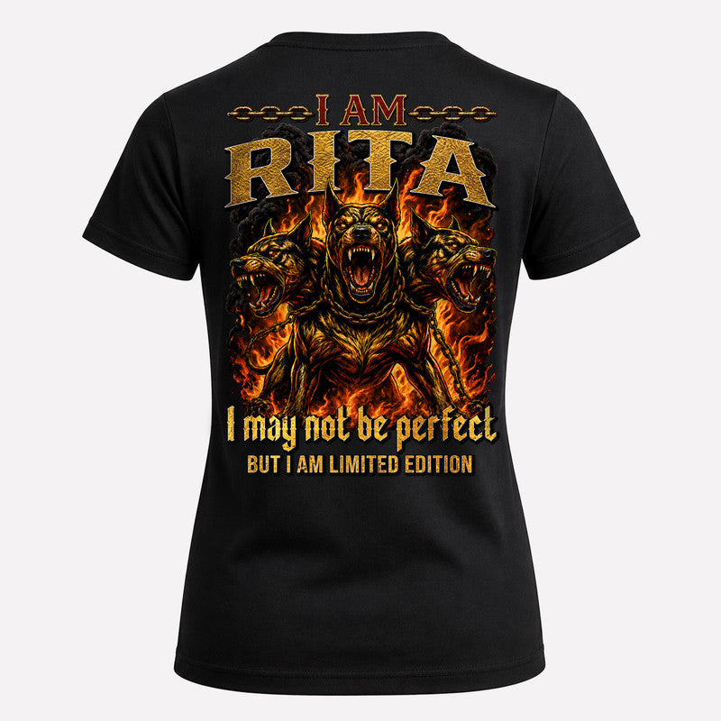 RITA MP88-F2-168–Personalized Bold Quote Apparel “I Am NAME I May Not Be Perfect But I Am Limited Edition