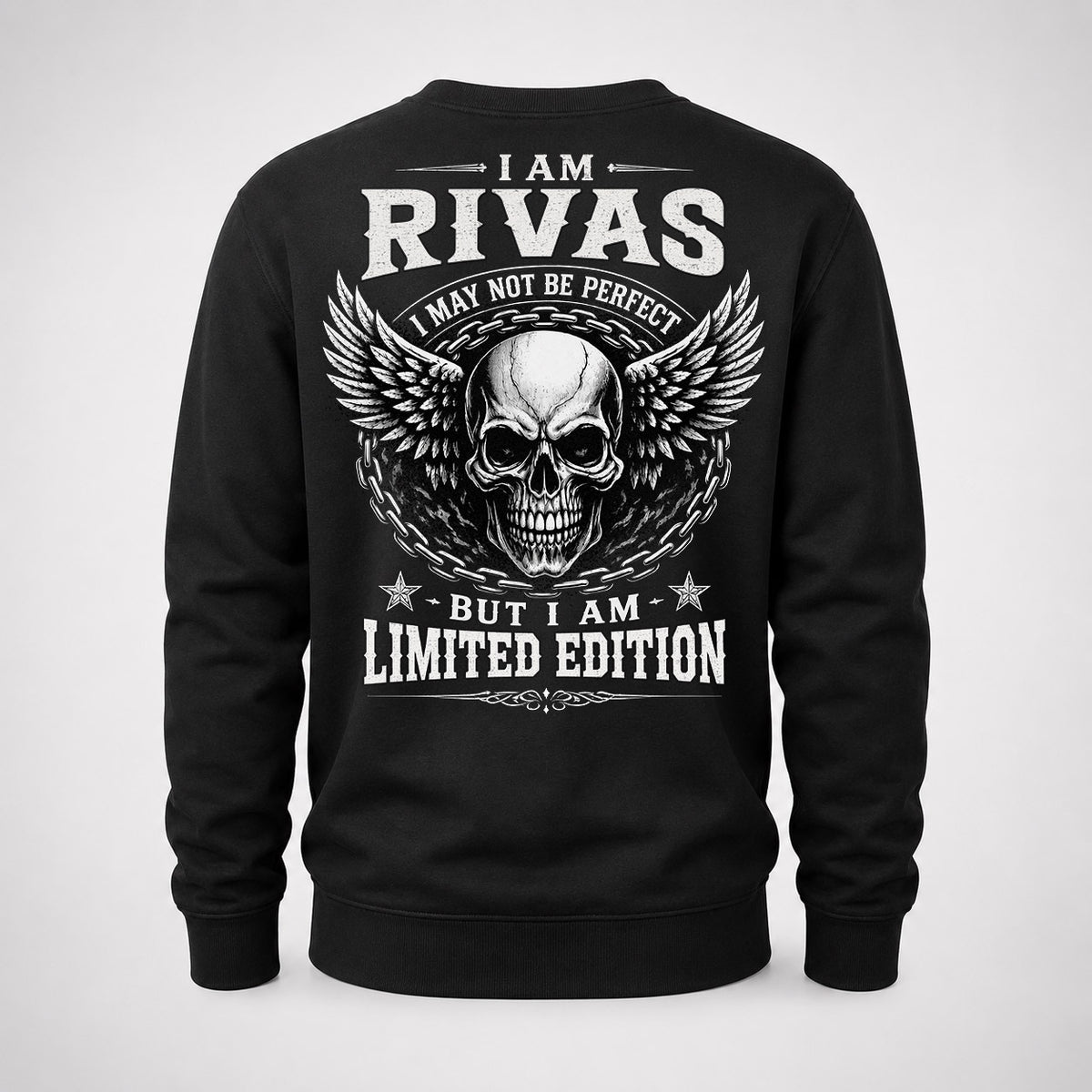 RIVAS P01-K24-229 – Personalized Skull Graphic Apparel “I Am NAME I May Not Be Perfect But I Am Limited Edition”