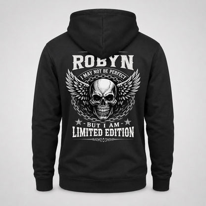 ROBYN P01-K24-229 – Personalized Skull Graphic Apparel “I Am NAME I May Not Be Perfect But I Am Limited Edition”