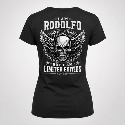 RODOLFO P01-K24-229 – Personalized Skull Graphic Apparel “I Am NAME I May Not Be Perfect But I Am Limited Edition”
