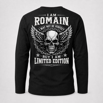 ROMAIN P01-K24-229 – Personalized Skull Graphic Apparel “I Am NAME I May Not Be Perfect But I Am Limited Edition”