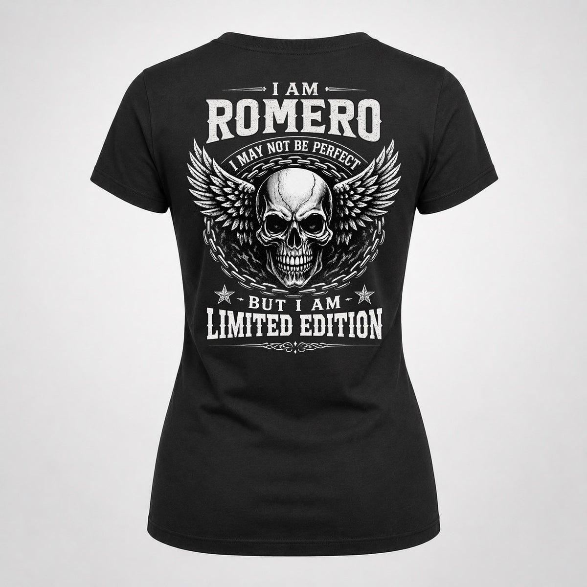 ROMERO P01-K24-229 – Personalized Skull Graphic Apparel “I Am NAME I May Not Be Perfect But I Am Limited Edition”
