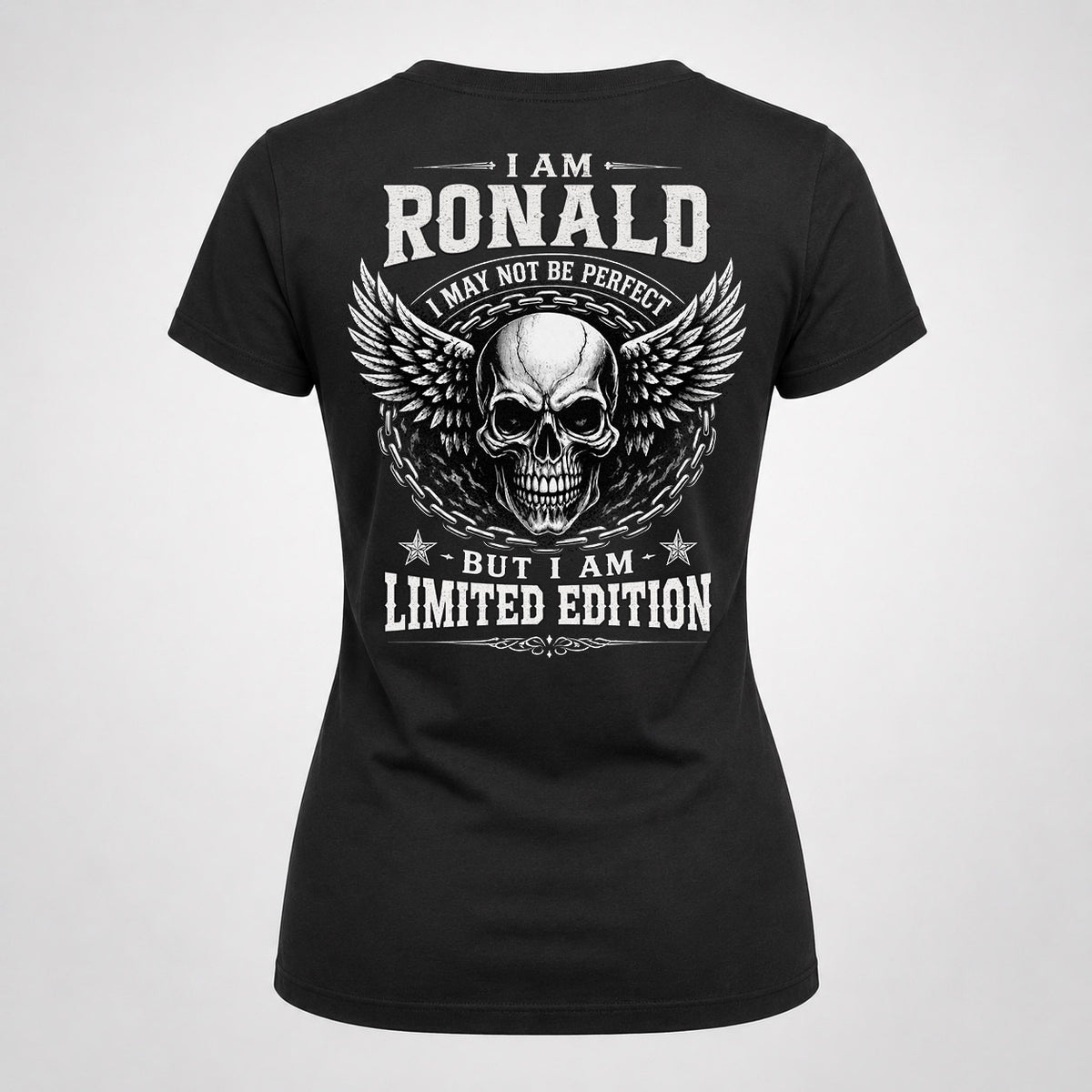 RONALD P01-K24-229 – Personalized Skull Graphic Apparel “I Am NAME I May Not Be Perfect But I Am Limited Edition”