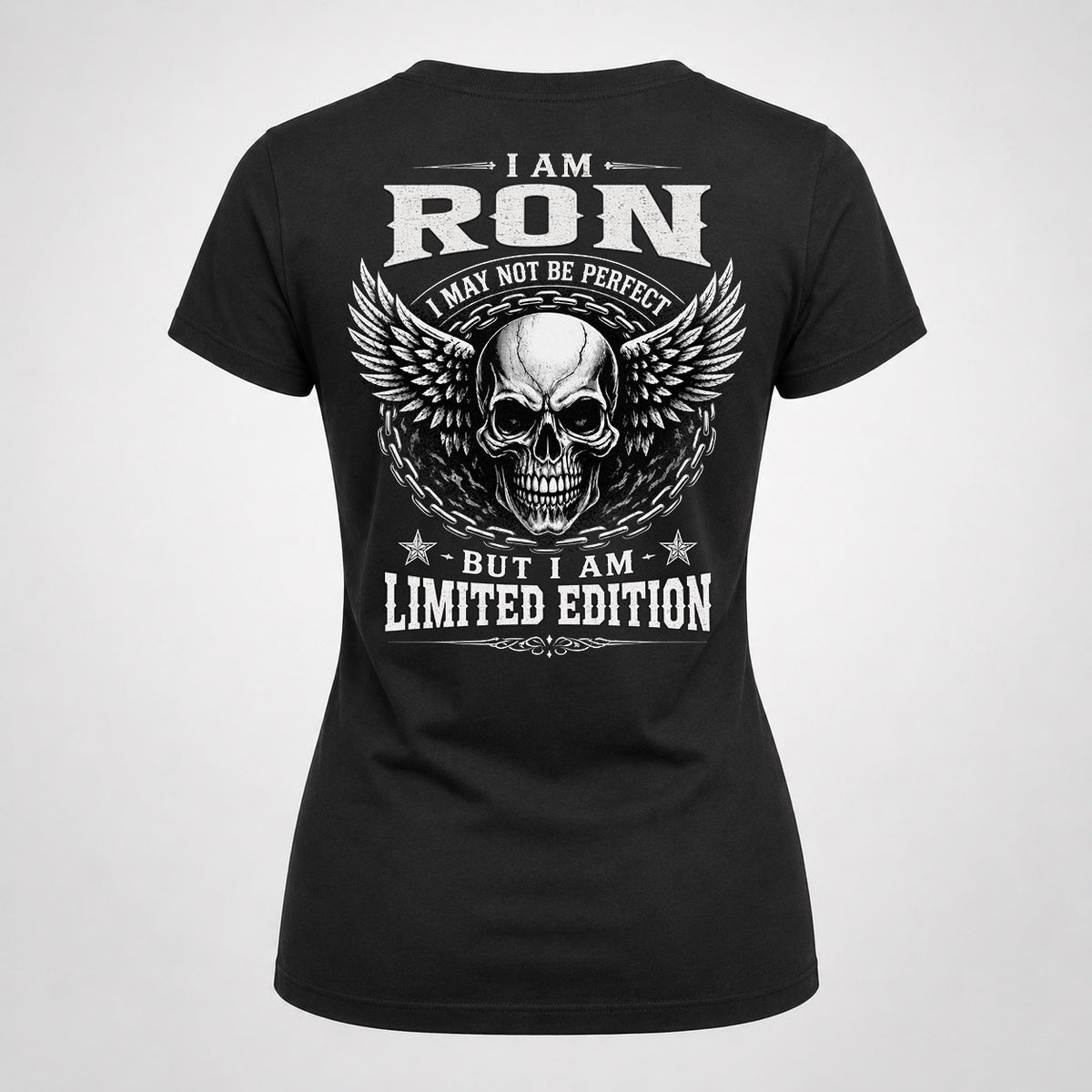 RON P01-K24-229 – Personalized Skull Graphic Apparel “I Am NAME I May Not Be Perfect But I Am Limited Edition”